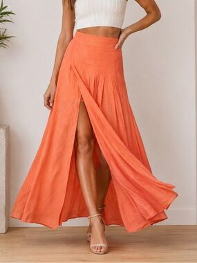 Maeve Coral-Orange Maxi Skirt with High Slit